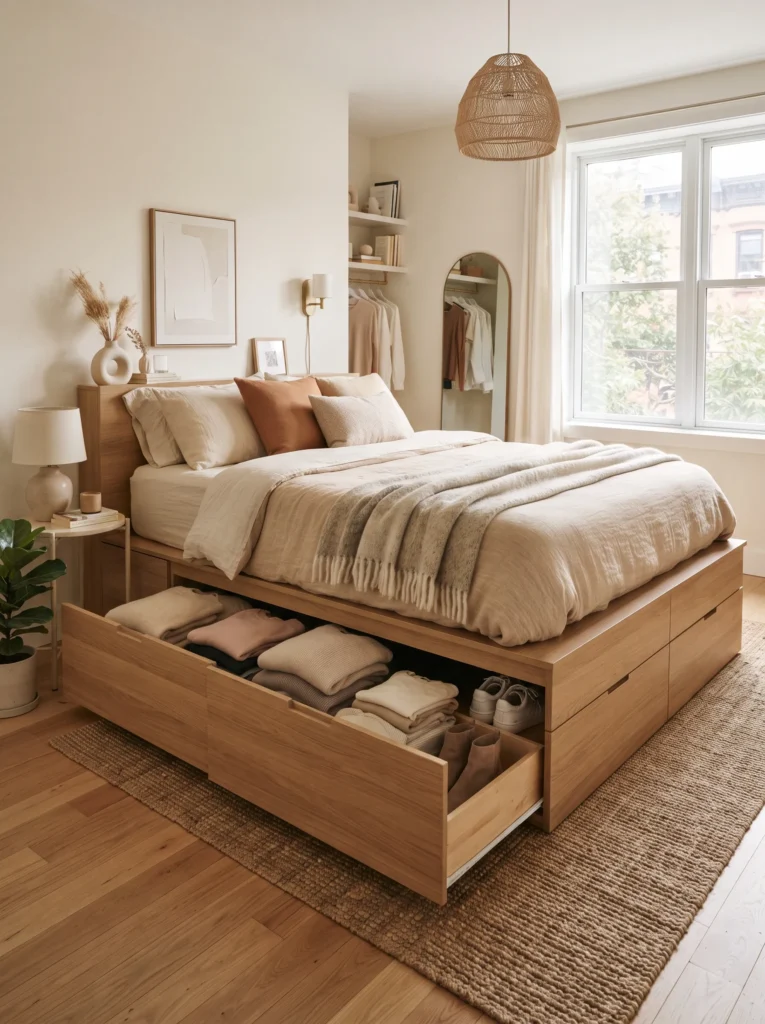 A bed with built in drawers