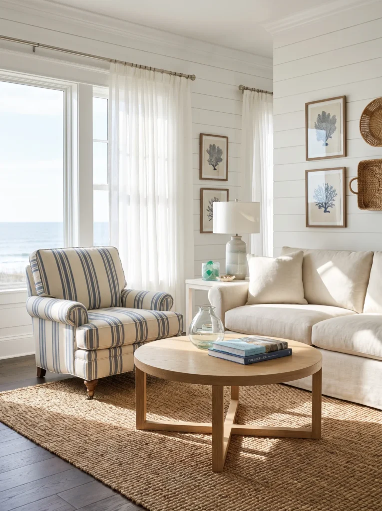 A blue and white striped accent chair