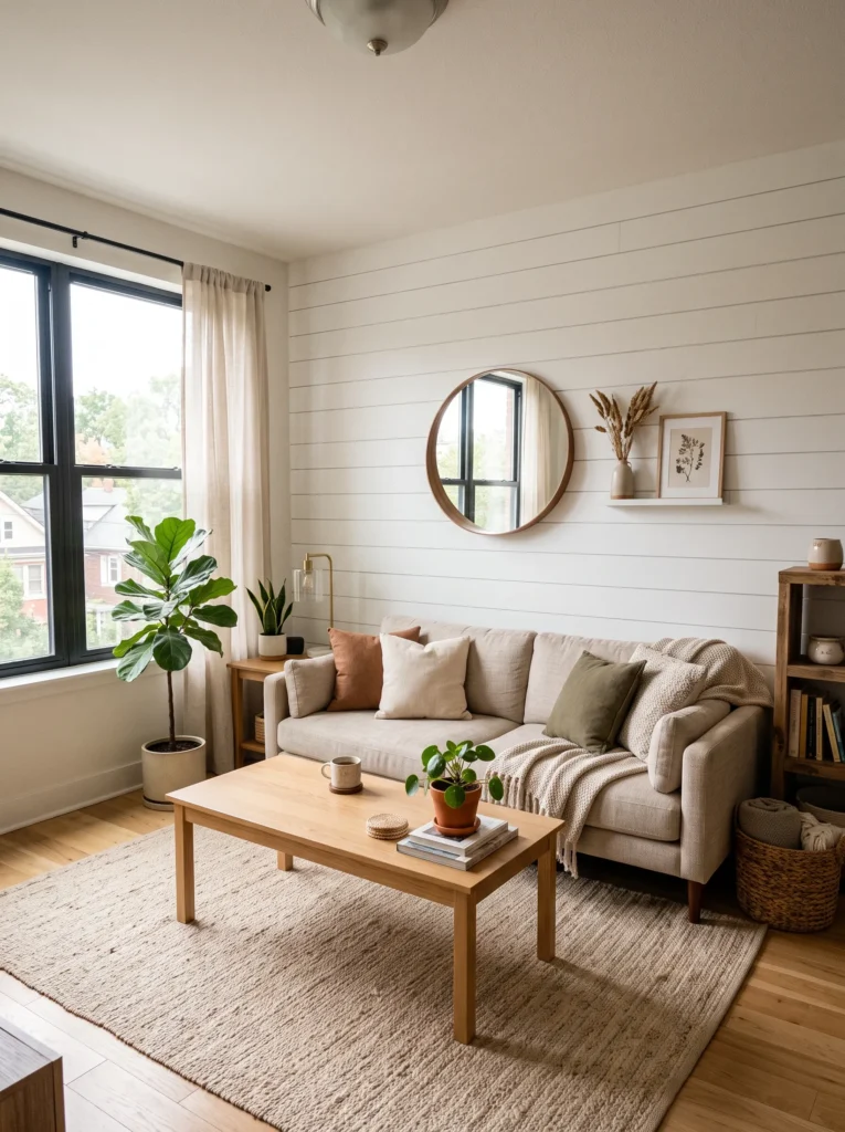 A classic white shiplap accent wall