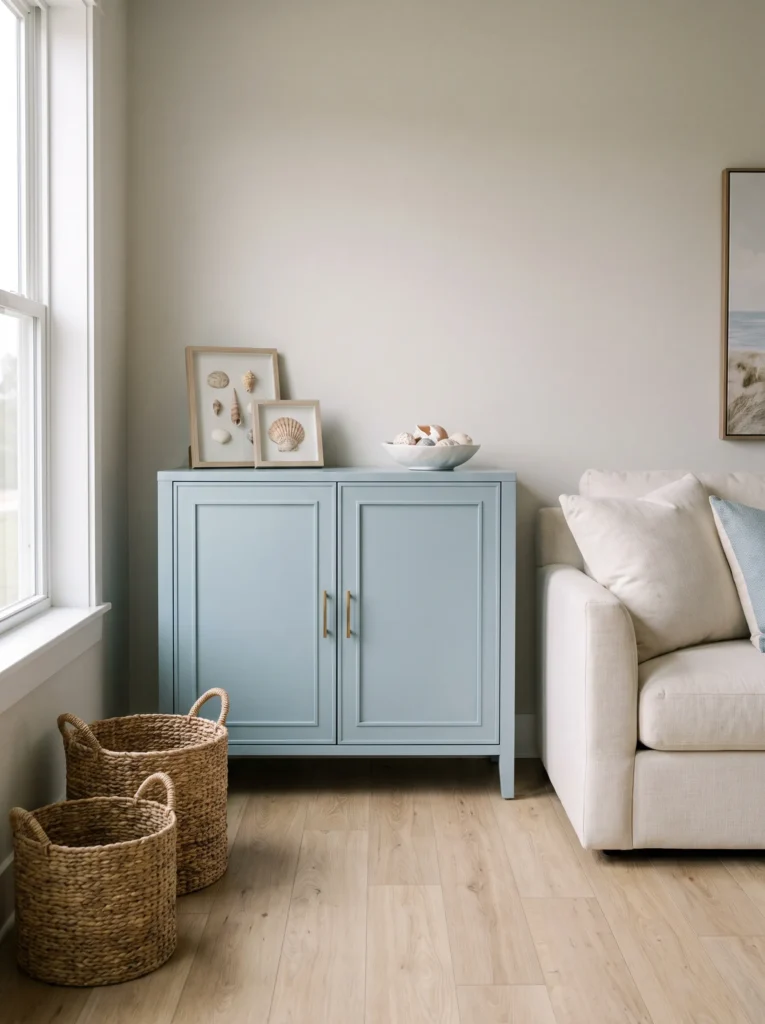 A coastal blue accent cabinet