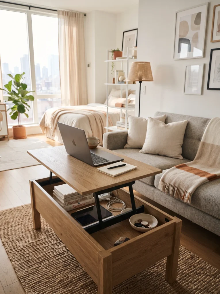 A coffee table with a lift top