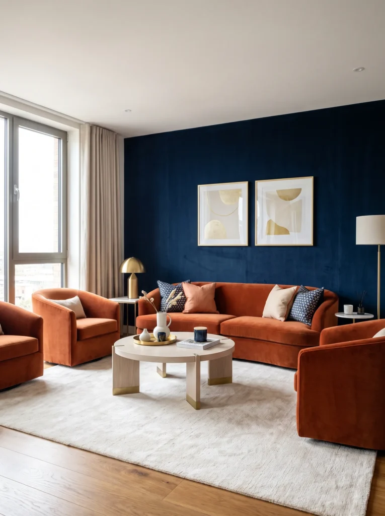 A navy accent wall with orange furniture