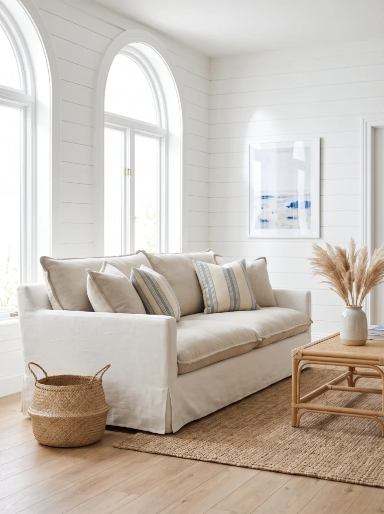 A slipcovered sofa in off white or linen