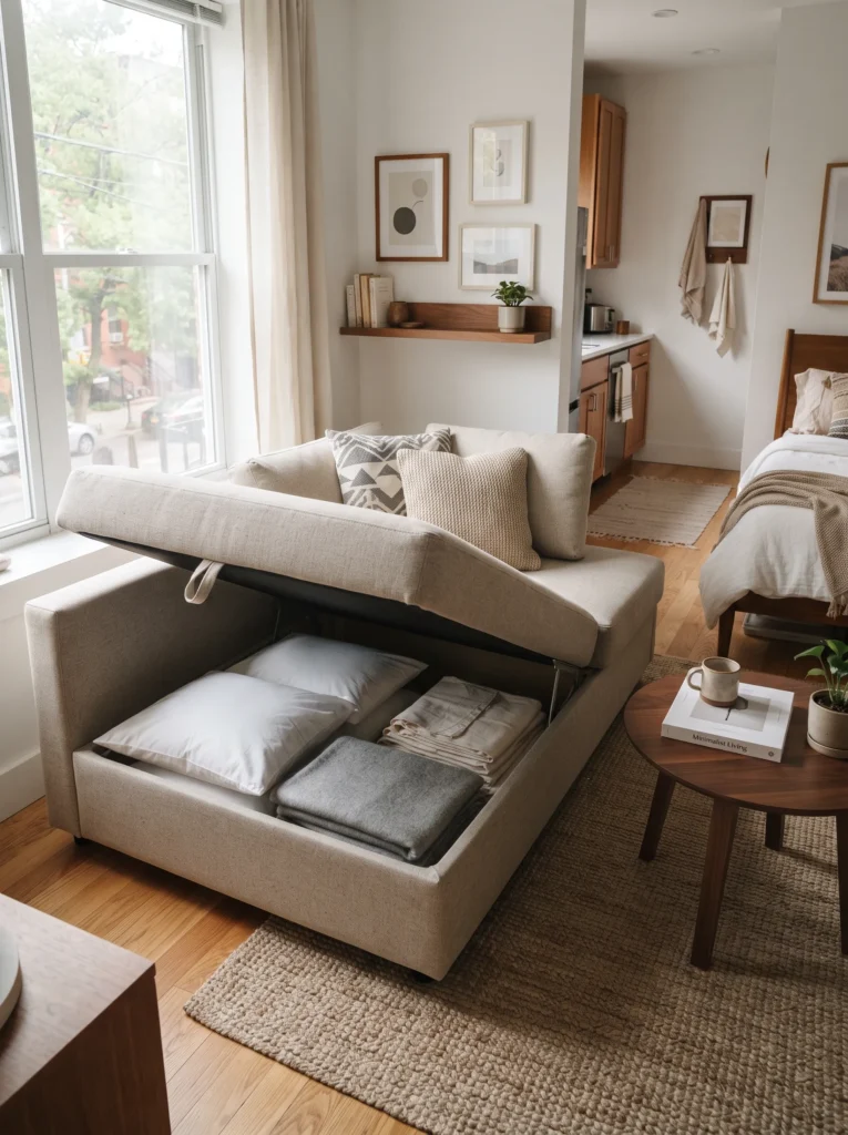 A sofa bed with storage underneath