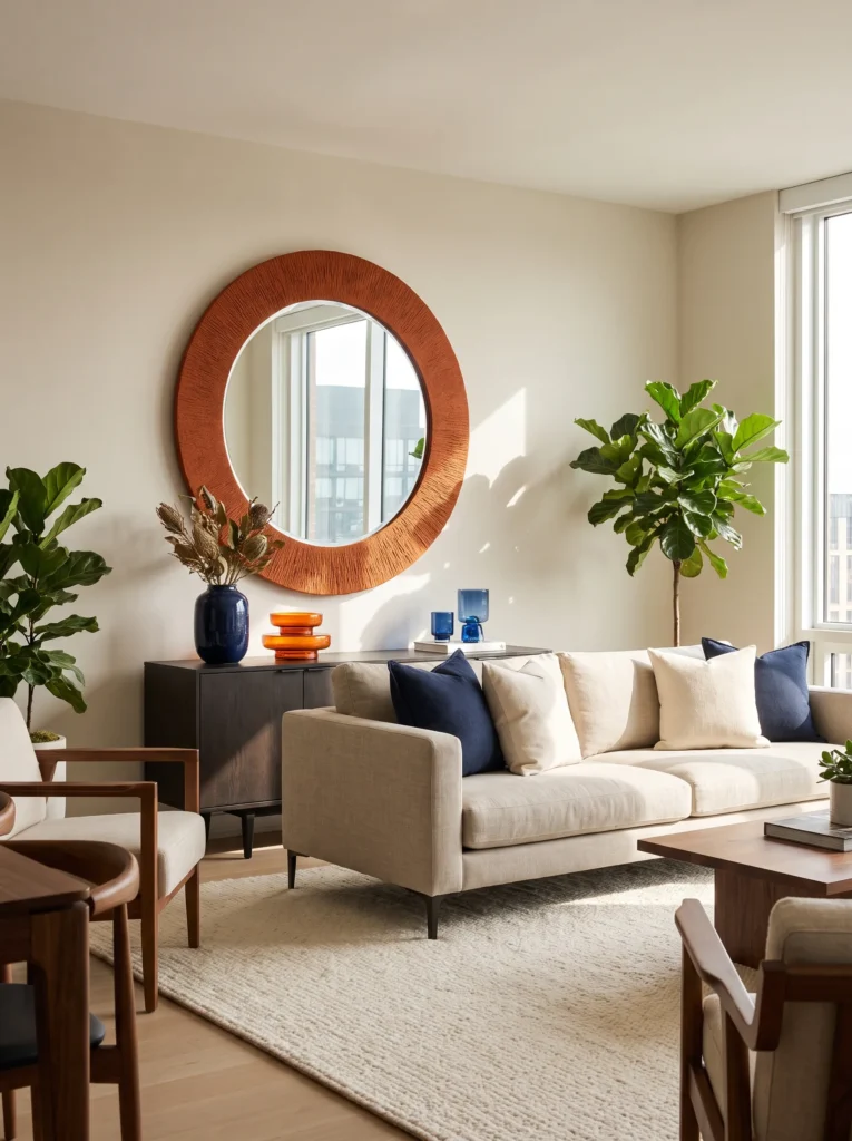 A statement clock or mirror with colored frame