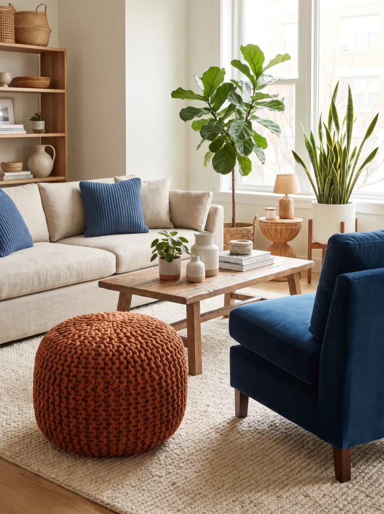 A woven pouf or floor cushion