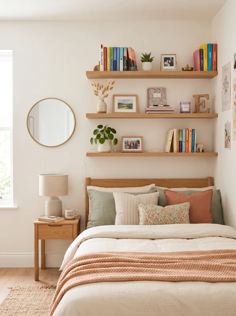 Add floating shelves for books and decor