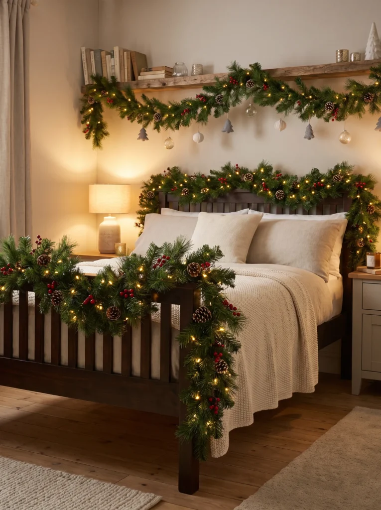 Add garland along your bed frame or shelf