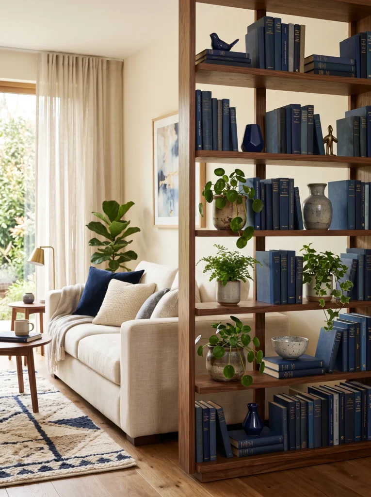 Add navy blue bookshelf styling