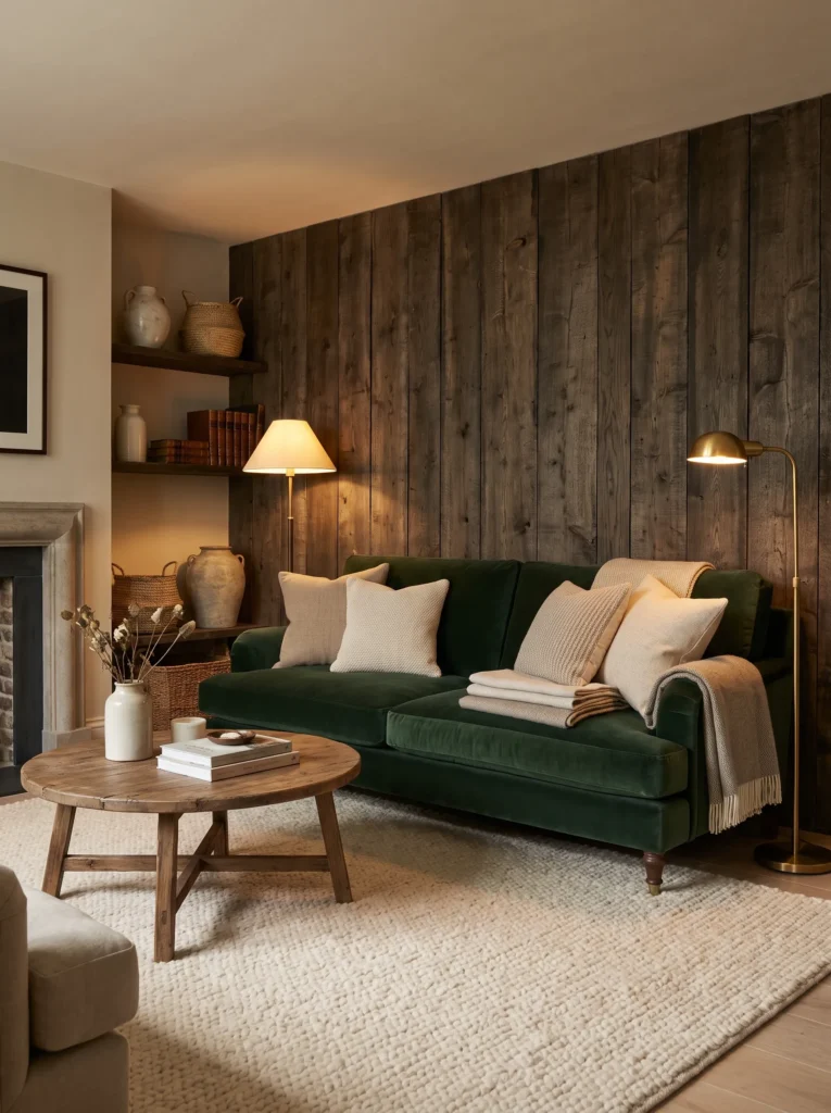 Add wood paneling behind the sofa