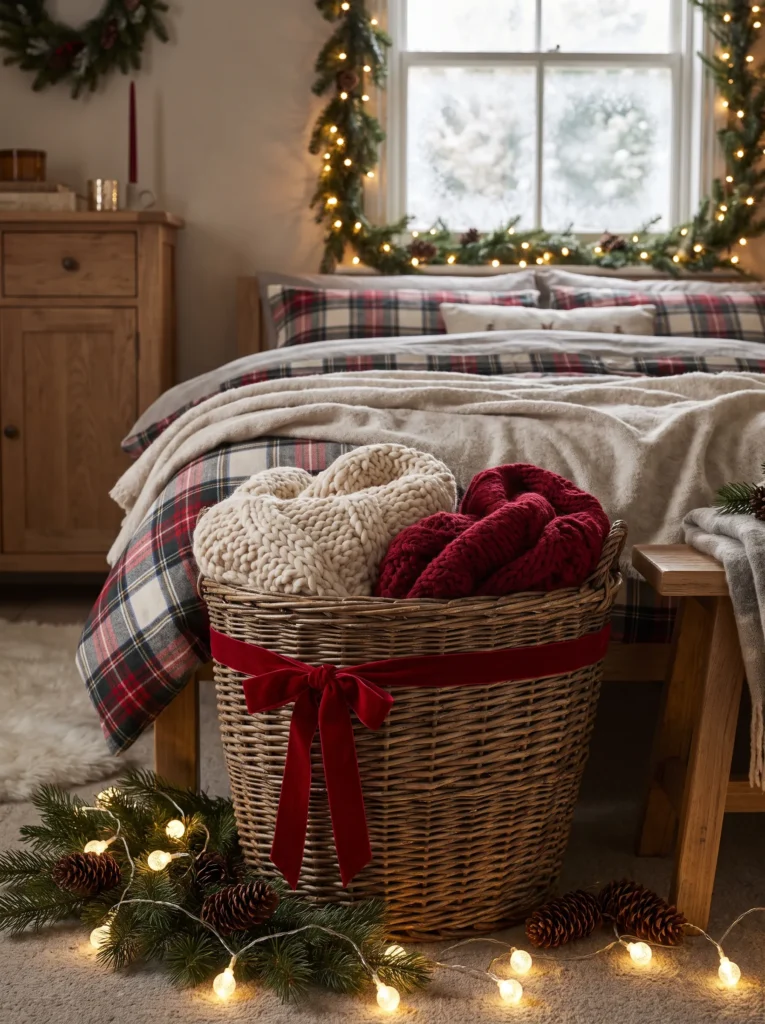 Add a christmas themed blanket basket