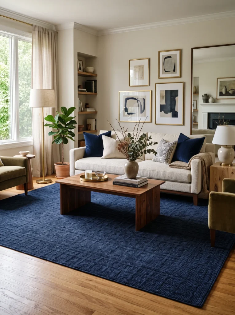 Add a navy blue area rug