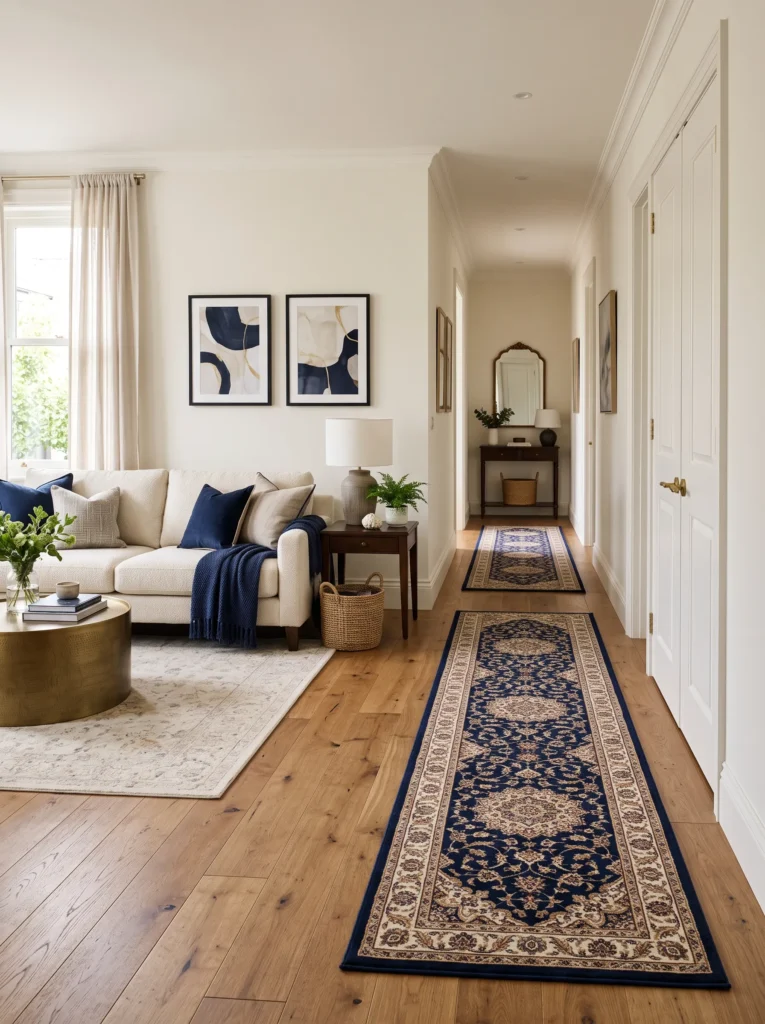 Add a navy blue statement rug runner or hallway connection