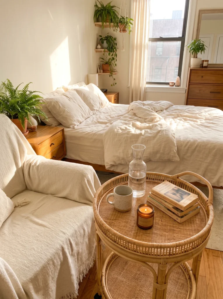 Add a wicker bar cart or tray table