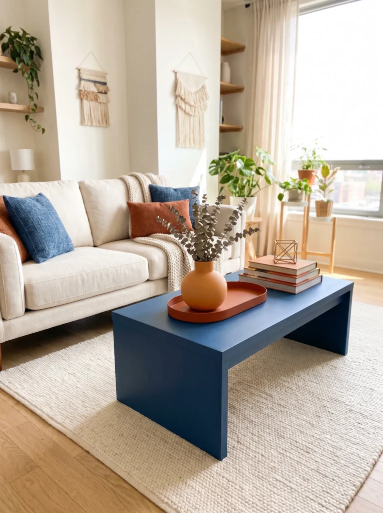 Blue coffee table with orange accessories