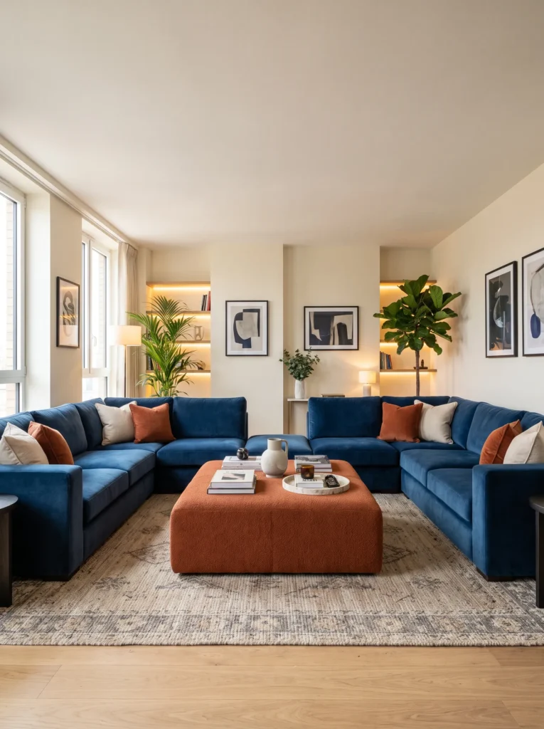 Blue sectional with orange ottoman