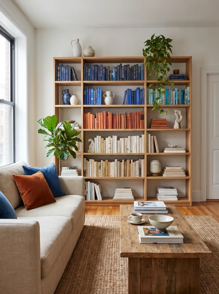Blue and orange books as decor