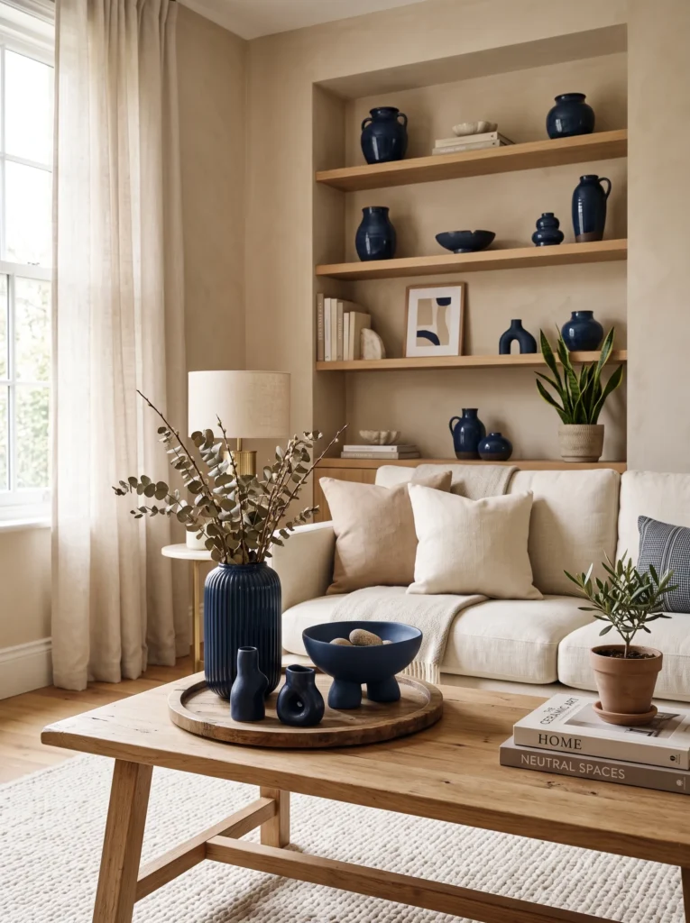 Bring in navy blue ceramics and vases
