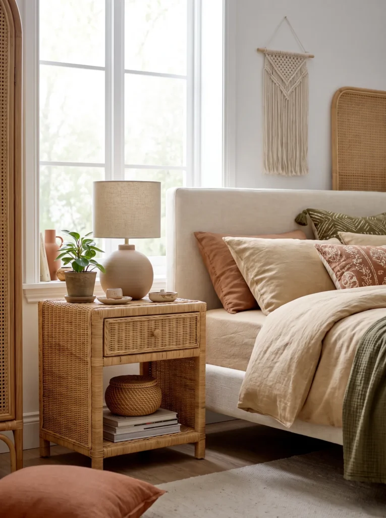 Bring in a wicker nightstand