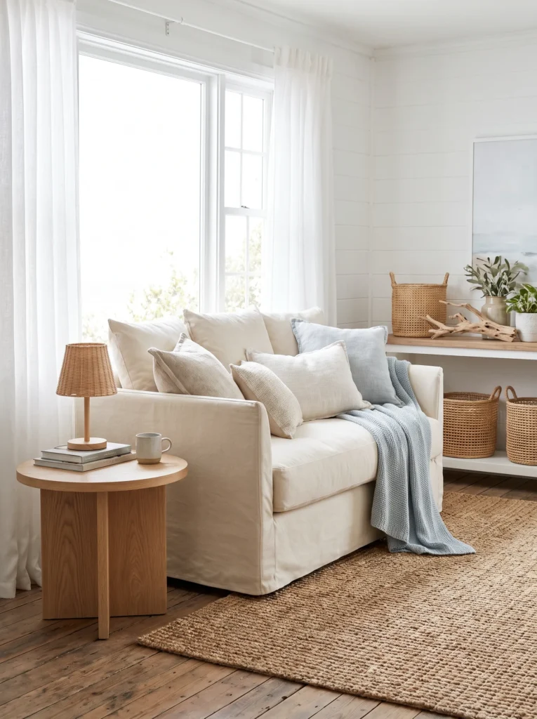 Canvas or linen slipcovered loveseat