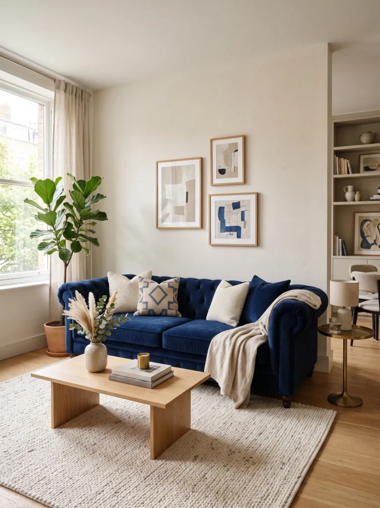 Choose a navy blue sofa as the anchor piece