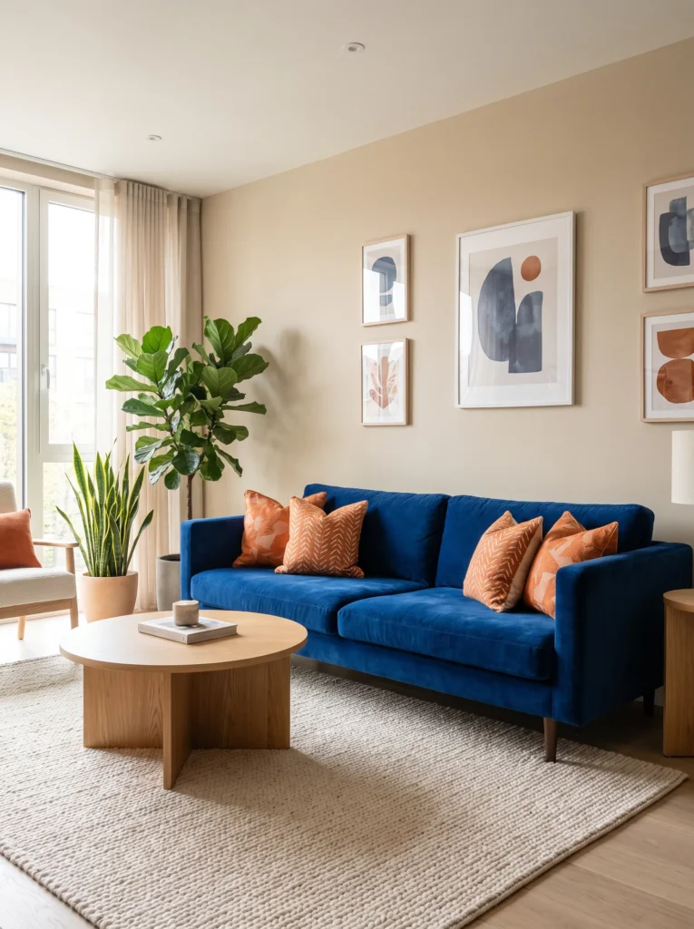 Cobalt blue sofa with orange throw pillows