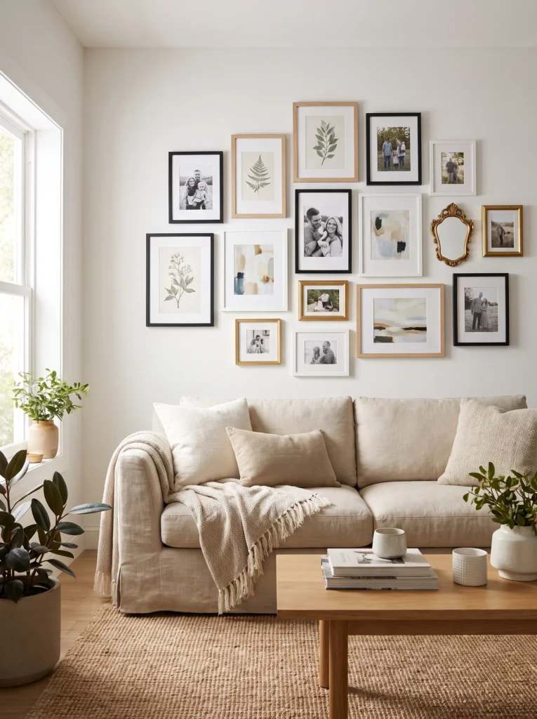 Create a gallery wall with mixed frames