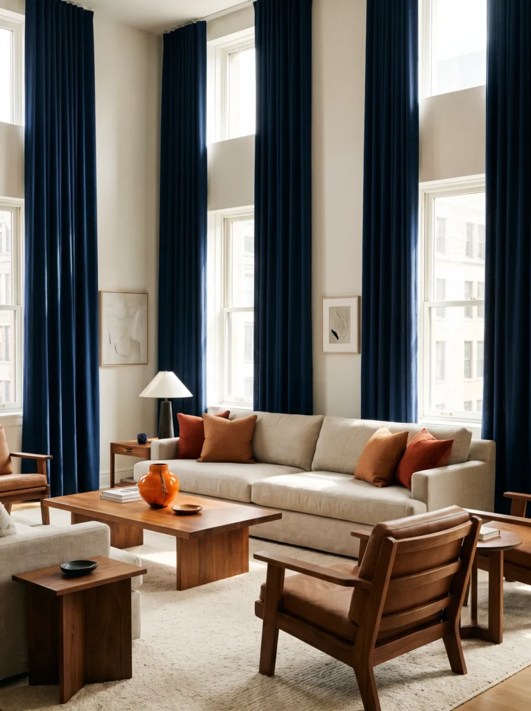 Curtains in a deep blue