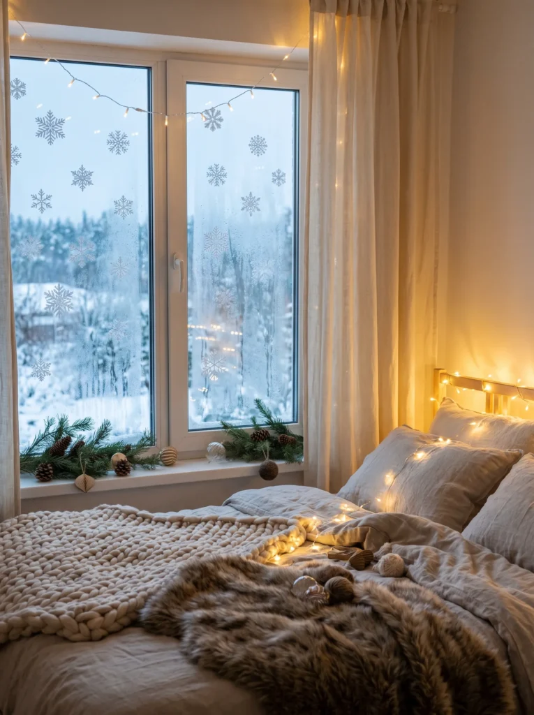Decorate the window with snowflake stickers