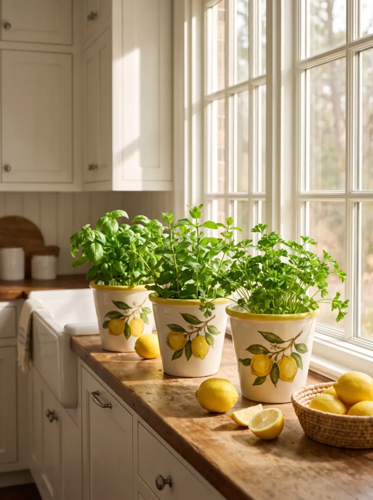 Fresh herbs in lemon themed pots