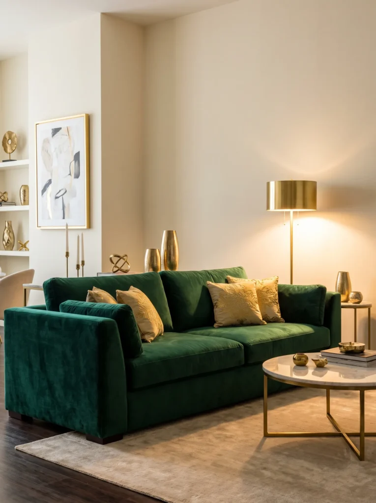 Go bold with a deep emerald green velvet sofa