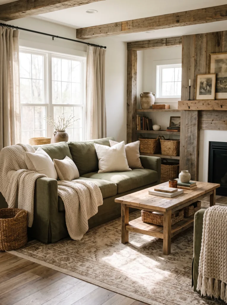 Go for an olive green sofa in a rustic setting