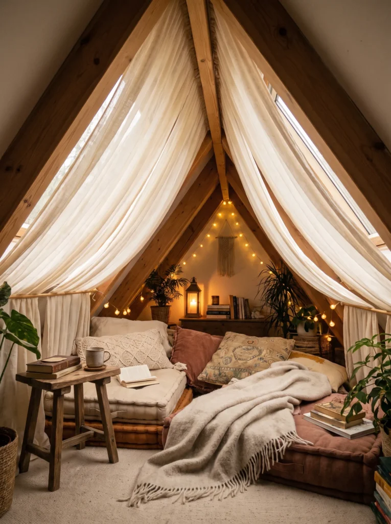 Hang curtains along the slope for a tent like feel