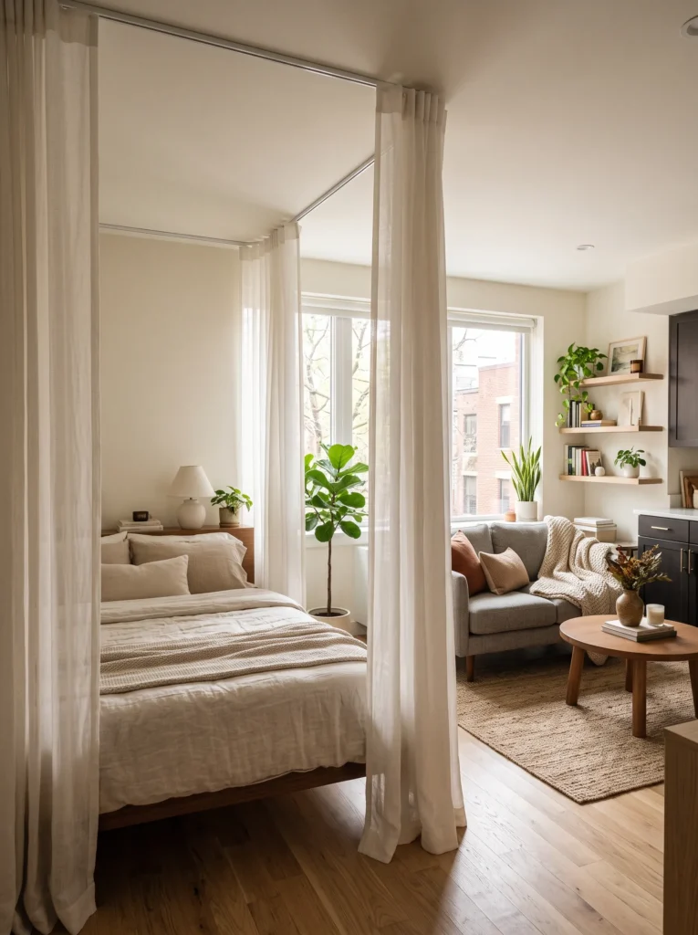 Hang curtains to create a bedroom nook