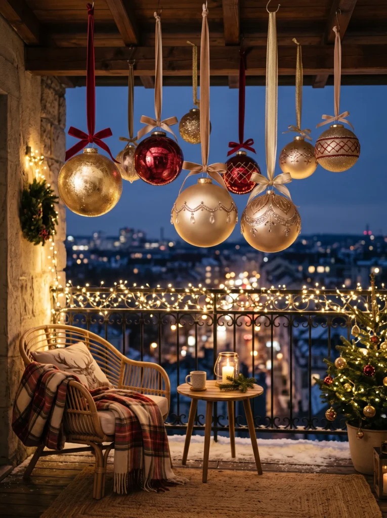 Hang oversized ornaments from the ceiling or railing