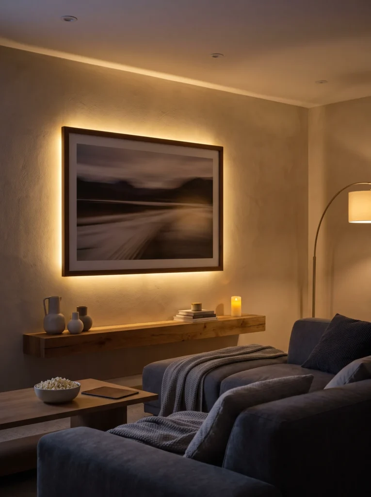 Hang string lights or led strips behind art