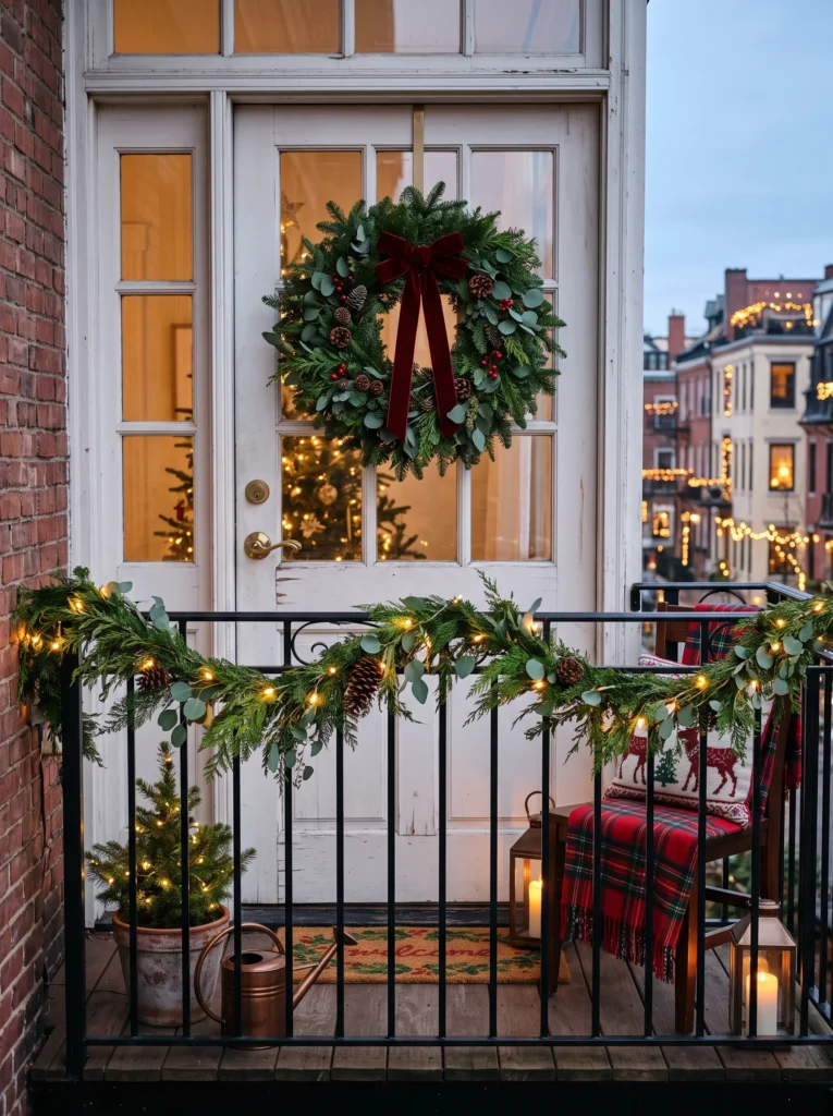 Hang a mini christmas wreath on the door or railing