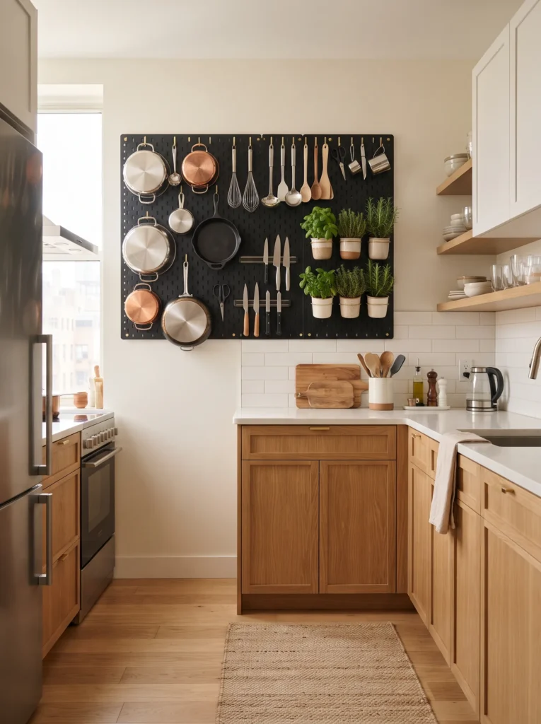 Hang a pegboard in the kitchen