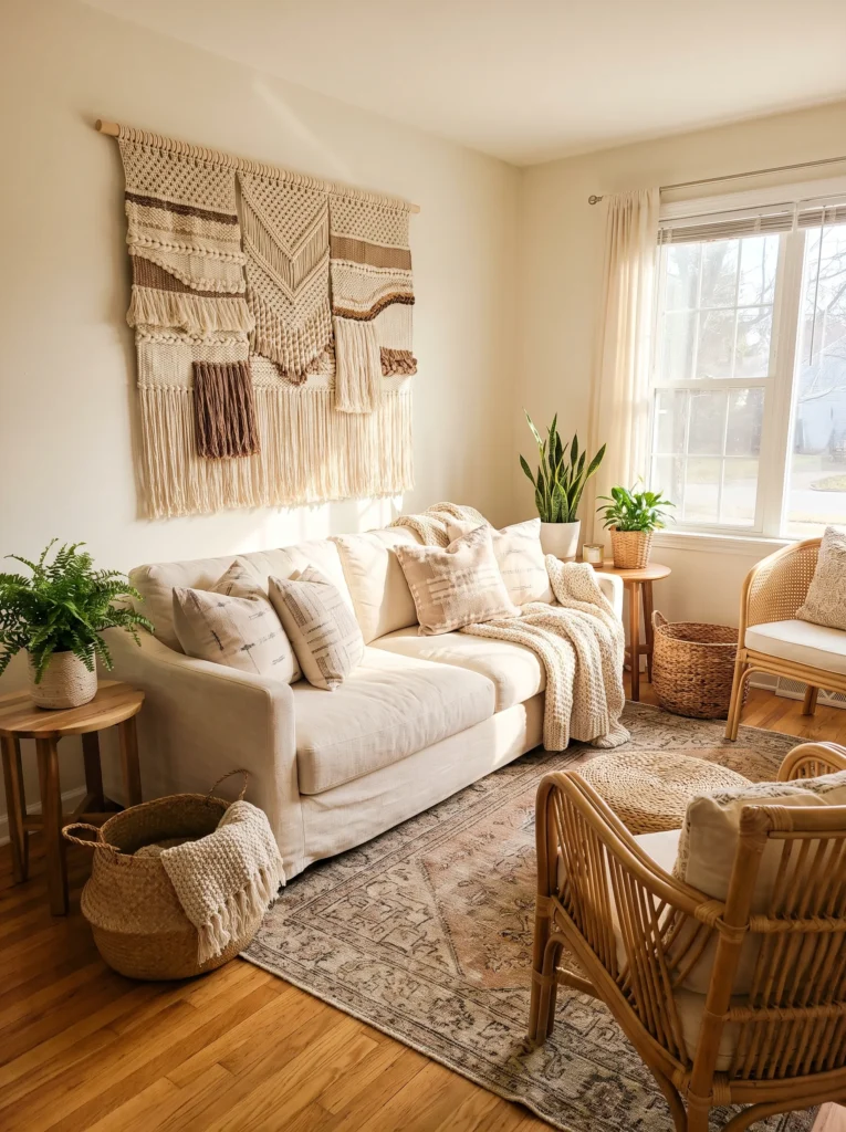 Hang a woven tapestry or textile art