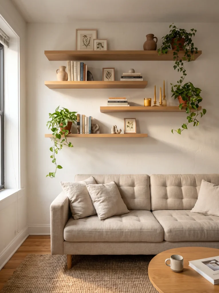 Install floating shelves for style and storage