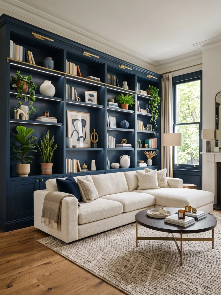 Install navy blue built in shelving or cabinets