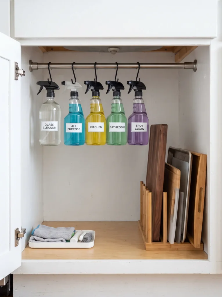 Install tension rods in cabinets