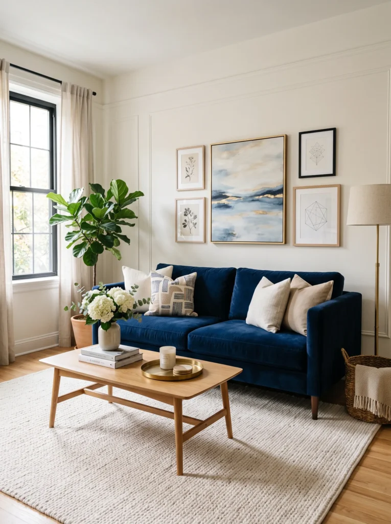 Layer in navy throw pillows and blankets