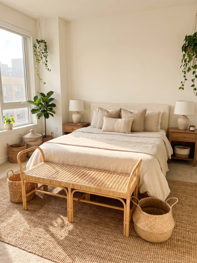 Layer in a wicker bench at the foot of the bed