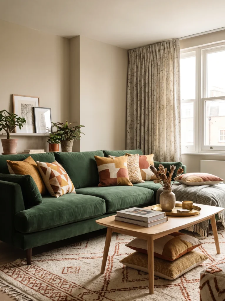 Mix patterns with a solid green sofa