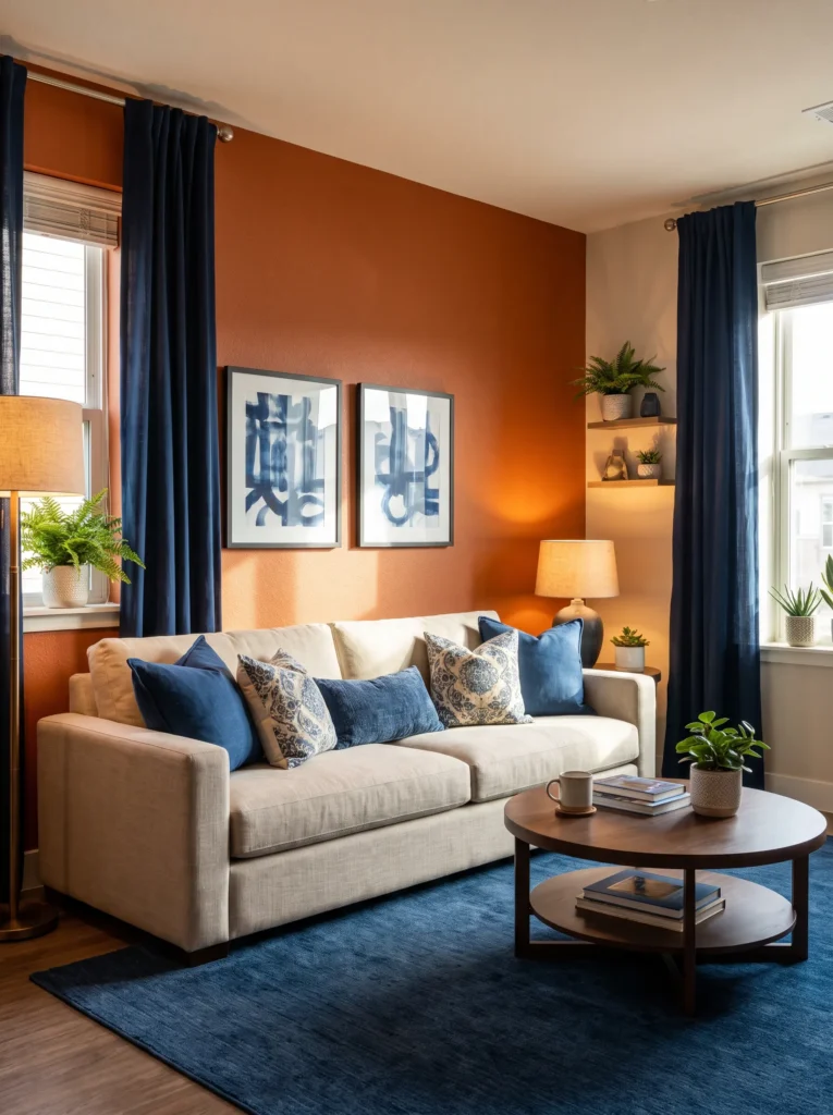 Orange accent wall with blue decor
