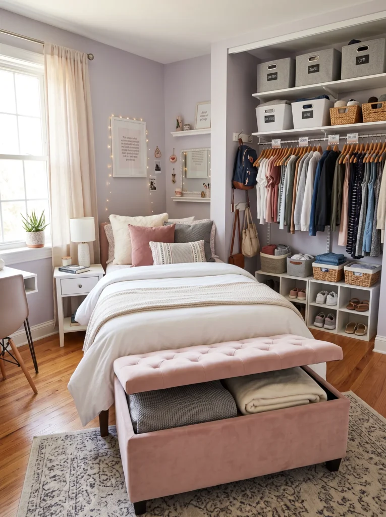 Organize with a storage ottoman and smart closet system