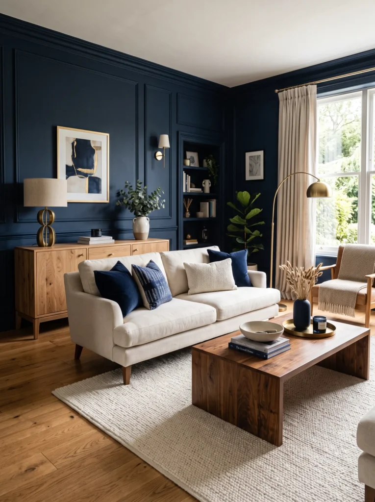 Pair navy with natural wood furniture