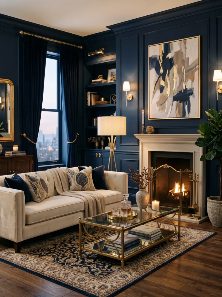 Pair navy with warm brass or gold accents