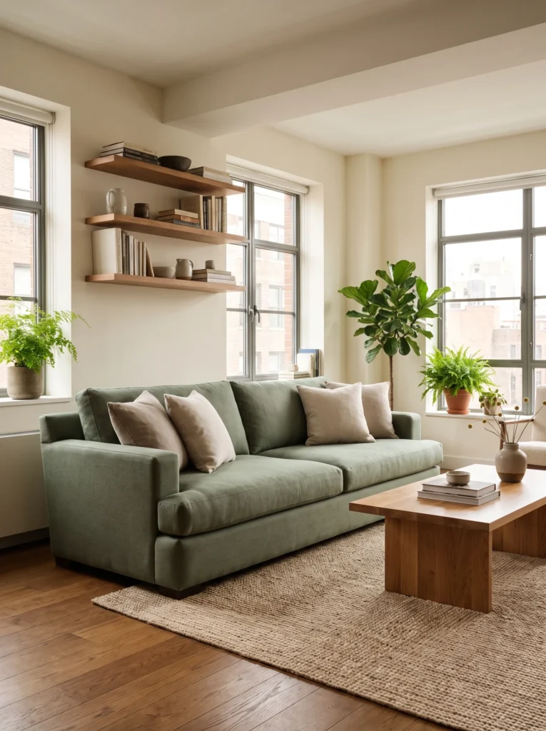 Pair a sage green sofa with warm wood tones